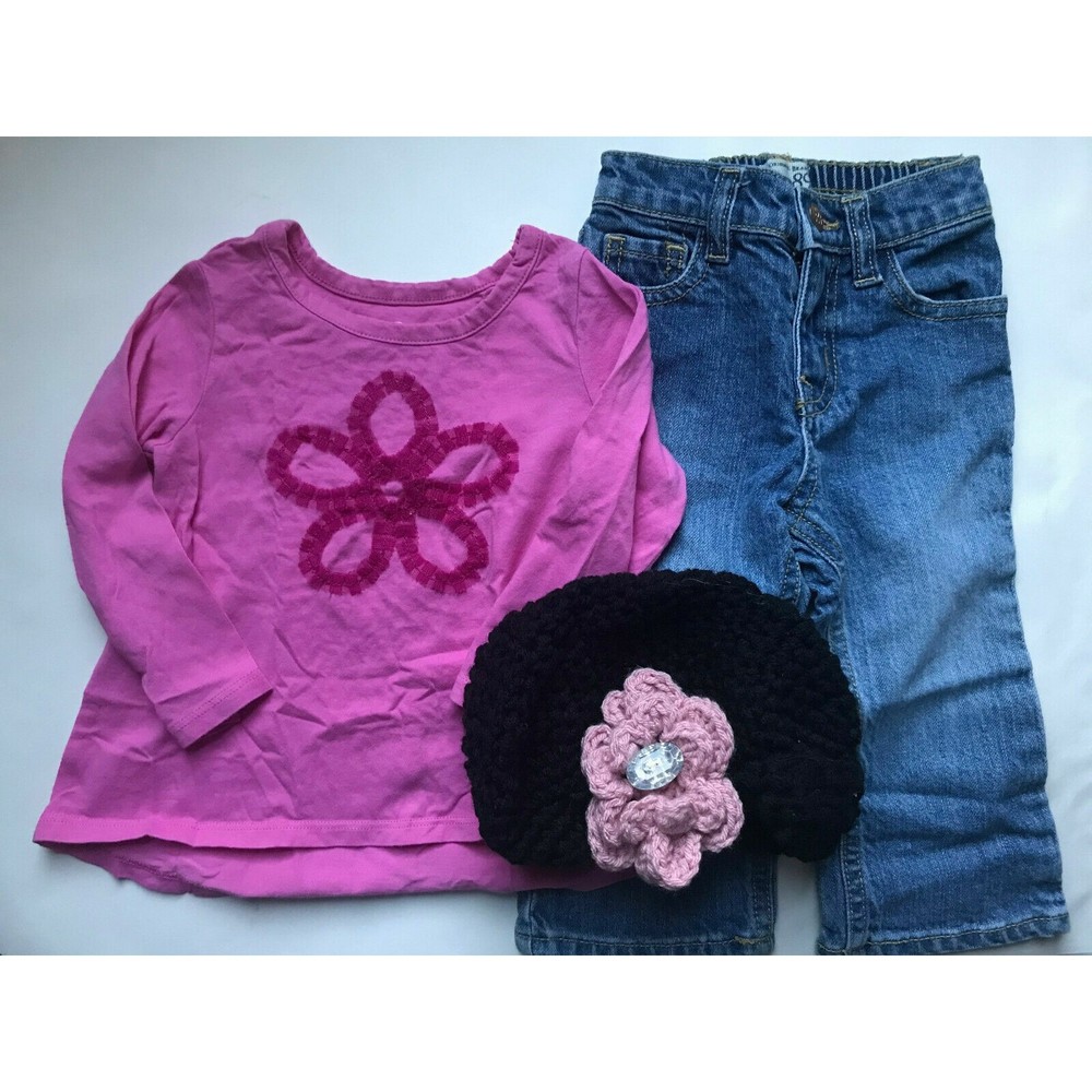 Girl's Size 18M 12-18 Months 3 Piece Pink PLACE Floral L/S Top, Jeans + Hat